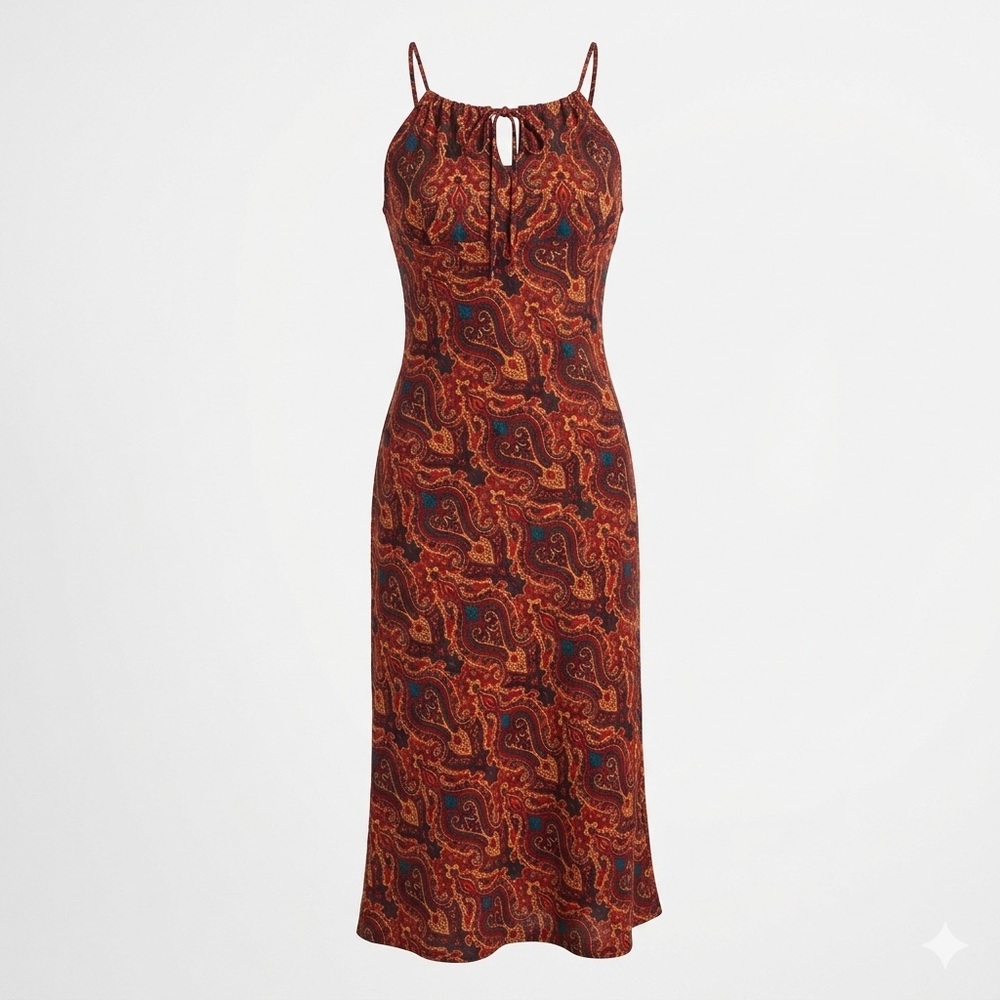 Vintage A'GACI Paisley Midi Dress 90s Boho Tie Front Halter Style Grunge Fairy
